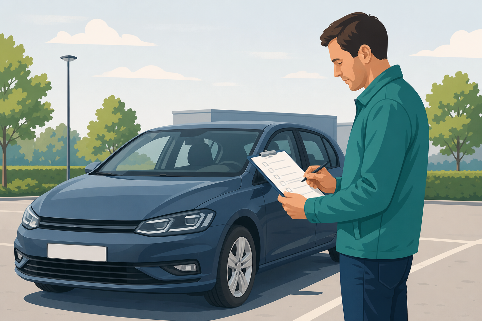 Occasionkoper controleert een tweedehands auto met een proefrit-checklist